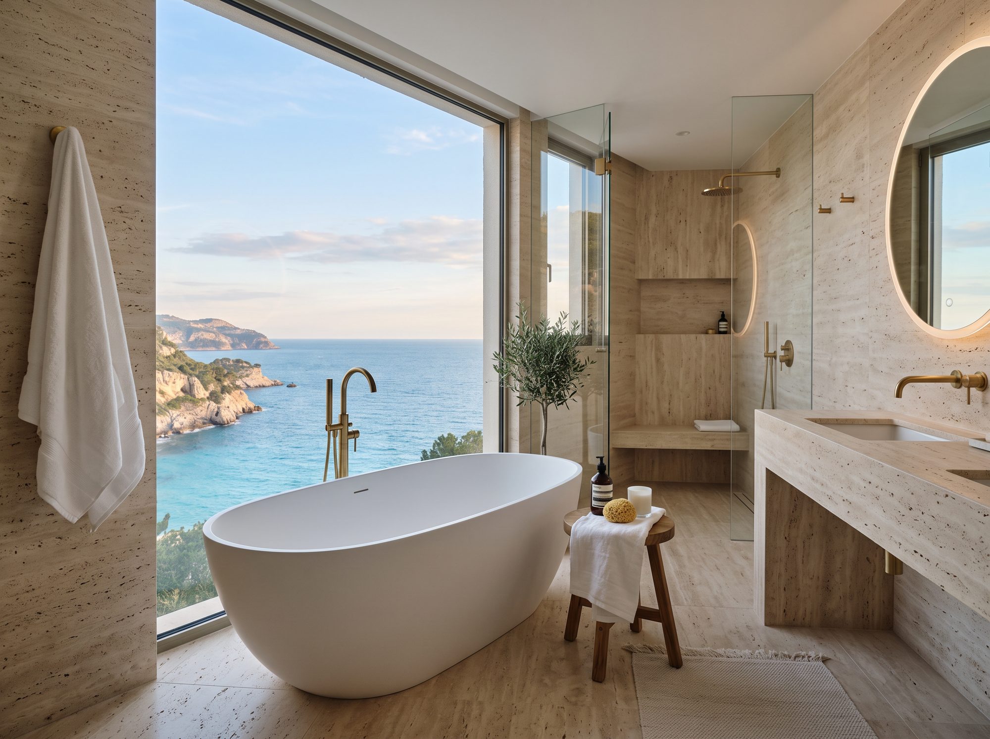 Suite de baño spa con bañera exenta y vistas al mar