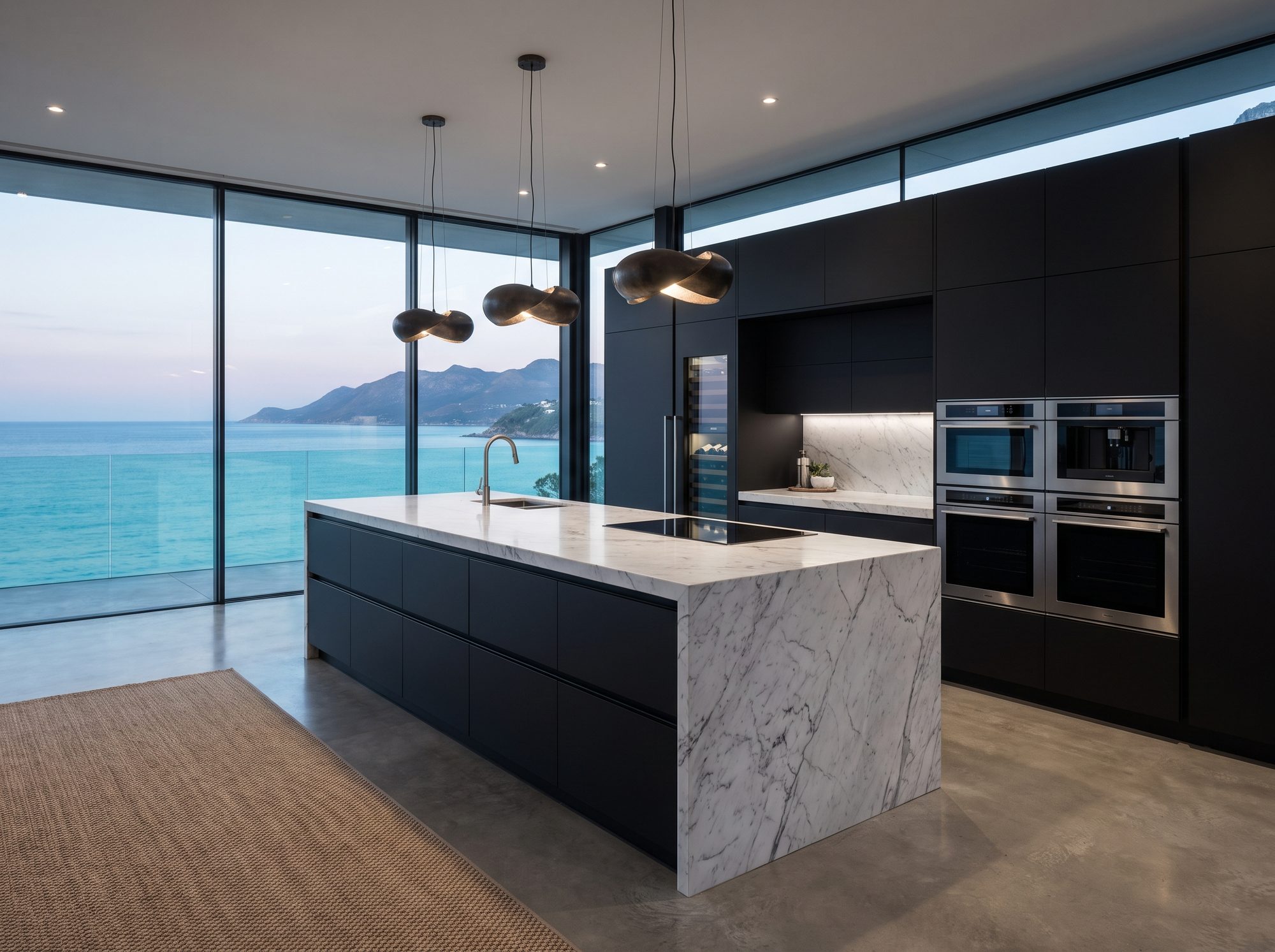 Cocina de diseño contemporáneo con isla de mármol y vistas al mar