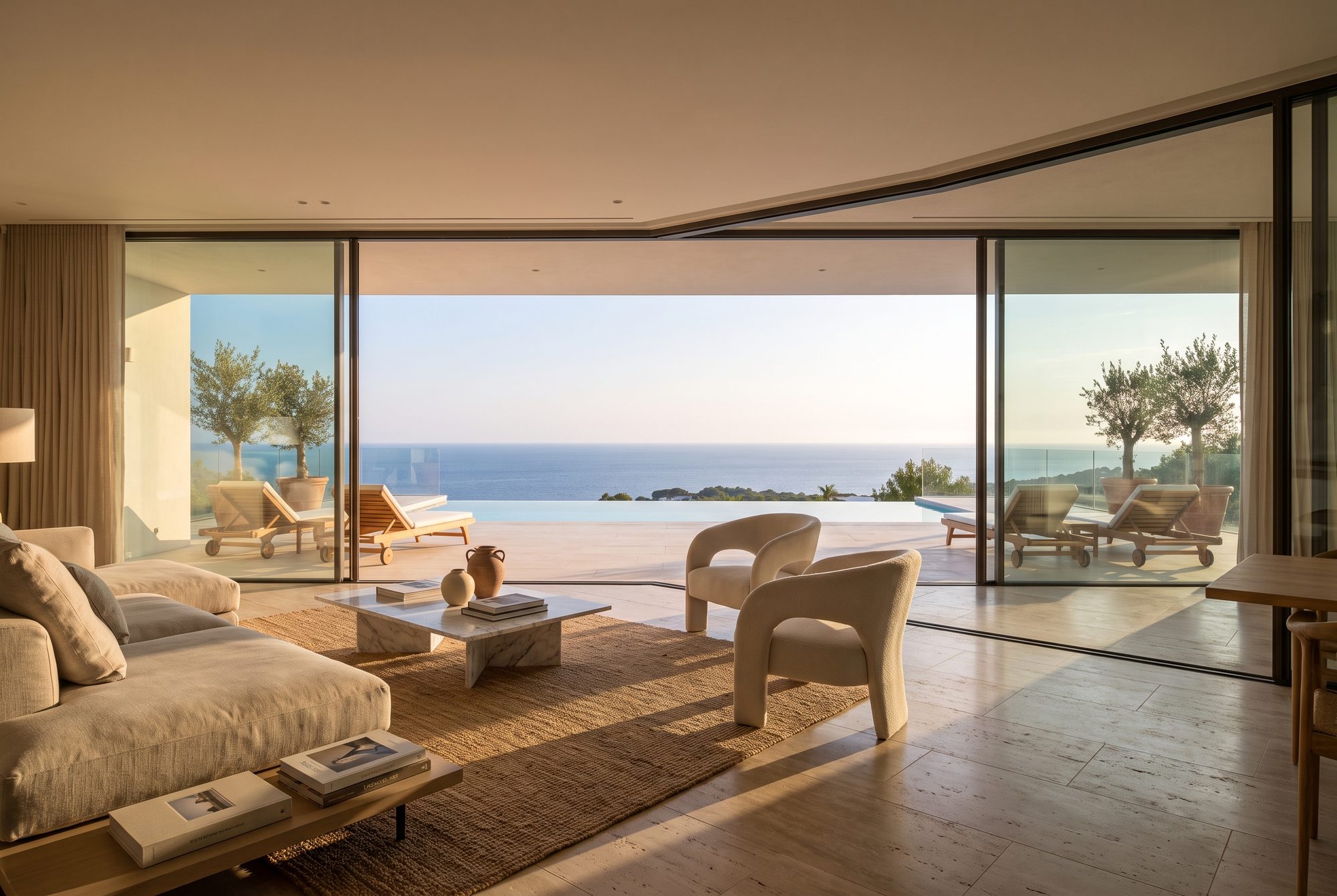 Salón contemporáneo con grandes cristaleras y vistas al Mediterráneo